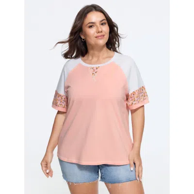 Bloomchic Cotton Floral Print Raglan Sleeve Patchwork T-shirt In Pink