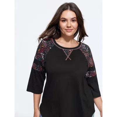 Bloomchic Cotton Floral Print Shoulder Detail T-shirt In Black