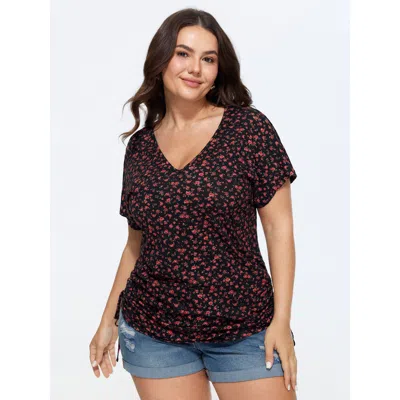 Bloomchic Cotton Floral Print V Neck Side Drawstring T-shirt In Black