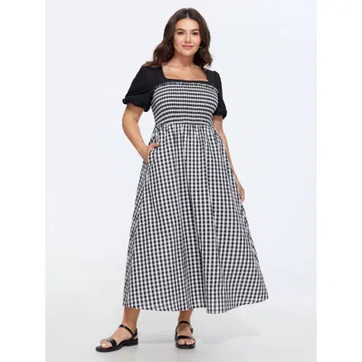 Bloomchic Cotton Gingham Print Color Contrast Midi Dress In Black