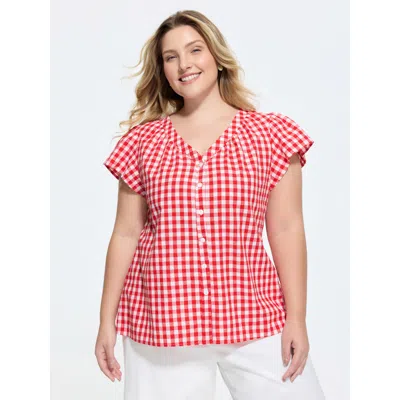 Bloomchic Cotton Gingham Print Ruffled Sleeve Blouse In Pink