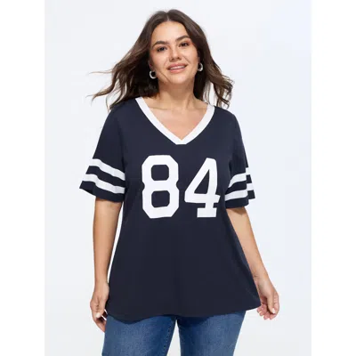 Bloomchic Cotton Graphic Print Color Contrast T-shirt In Blue