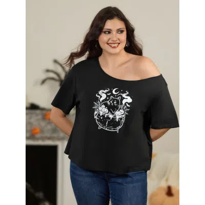 Bloomchic Cotton Halloween Cat Cauldron Pumpkin Print Off Shoulder T‑shirt In Black