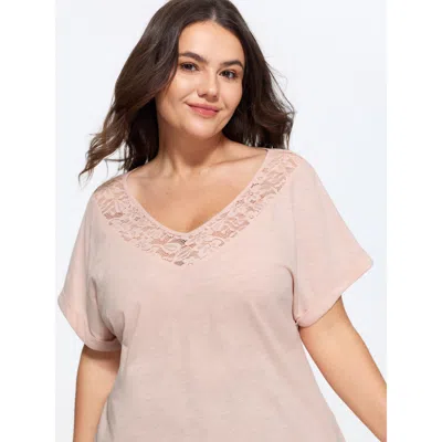 Bloomchic Cotton Lace Neckline Casual Plain T-shirt In Lightpink