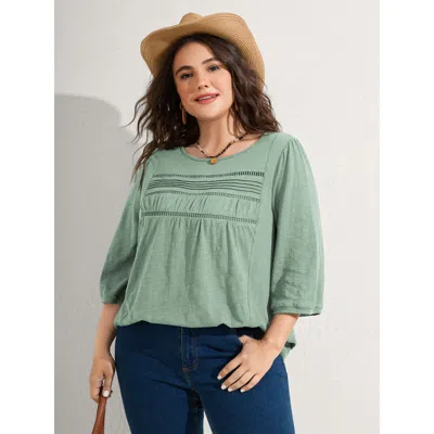 Bloomchic Cotton Lace Spliced Plain Knit Top In Green