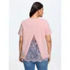 Bloomchic Cotton Lace Split Back Plain T-shirt In Pink