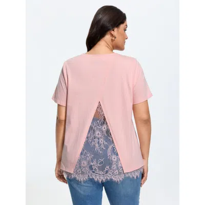 Bloomchic Cotton Lace Split Back Plain T-shirt In Pink