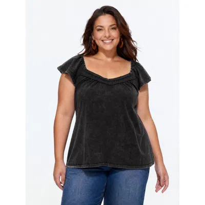Bloomchic Cotton Lace Textured Sweetheart Neckline T-shirt In Black
