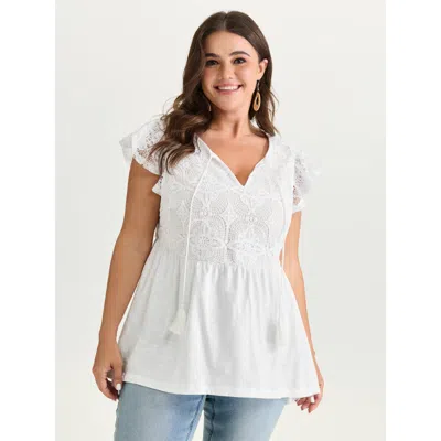 Bloomchic Cotton Lace Textured Tassel Neckline Knit Top In White