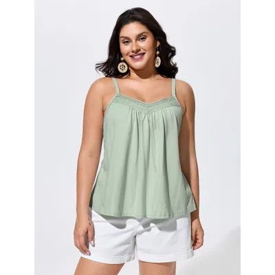 Bloomchic Cotton Lace Trim Flowy Plain Tank Top In Green