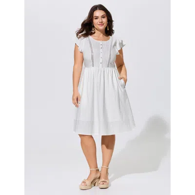 Bloomchic Cotton Lace Trim Pleated Plain Mini Dress In White