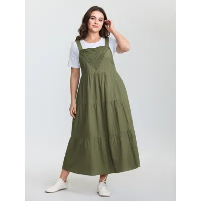 Bloomchic Cotton Lace Trim Pockets Midi Overall Dress In Armygreen