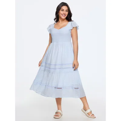 Bloomchic Cotton Lace Trim Ruffled Sleeve Midi Dress In Blue
