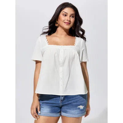 Bloomchic Cotton Lace Trim Square Neck Spliced Blouse In White