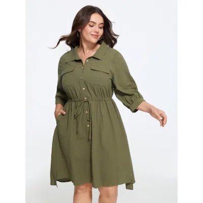 Bloomchic Cotton Lapel Collar Button Front Drawstring Waist Mini Dress In Green
