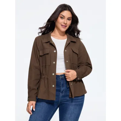 Bloomchic Cotton Lapel Collar Snap Button Waist Defining Jacket In Darkbrown