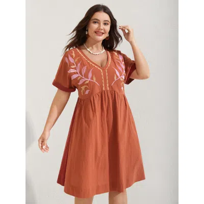 Bloomchic Cotton Leafy Embroidery Color Contrast Midi Dress In Brown