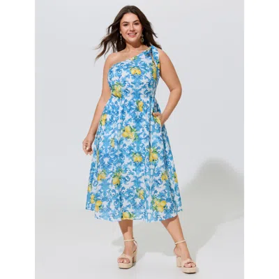 Bloomchic Cotton Lemon Baroque Print One Shoulder Midi Dress In Skyblue