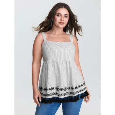Bloomchic Cotton Linen Striped Embroidered Fringe Hem Tank Top In Gray