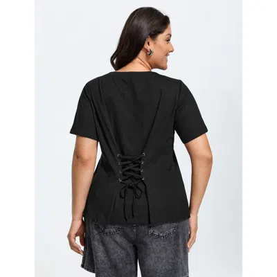 Bloomchic Cotton Natural Back Cross-tie Curvy-hem T-shirt In Black