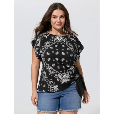 Bloomchic Cotton Paisley Print Knotted Side T-shirt In Black