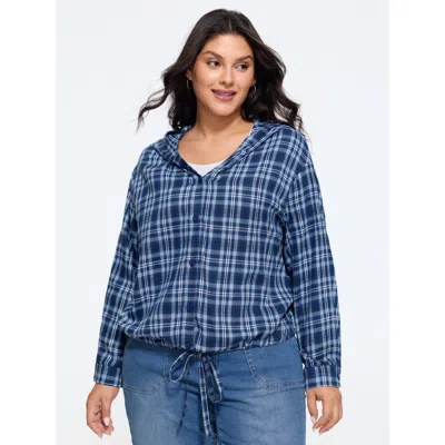 Bloomchic Cotton Plaid Drawstring Hem Hooded Jacket In Darkblue