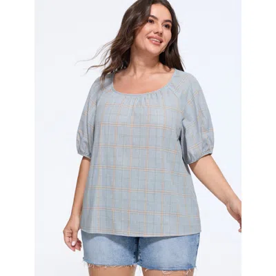 Bloomchic Cotton Plaid Print Gathered Puff Sleeve Loose Blouse In Lightblue