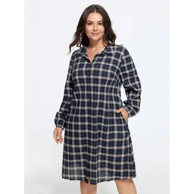 Bloomchic Cotton Plaid Print Lapel Collar Button Down Midi Dress In Blue