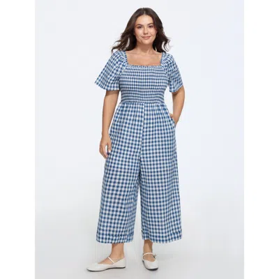 Bloomchic Cotton Plaid Print Square Neck Shirred Wide Leg Jumpsuit In Indigo
