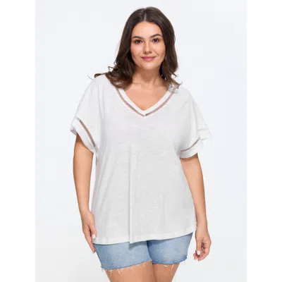 Bloomchic Cotton Plain Slub Eyelet Trim Dolman Sleeve T-shirt In Originalwhite