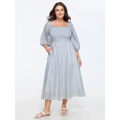 Bloomchic Cotton Polka Dot Print Pocket Midi Dress In Blue