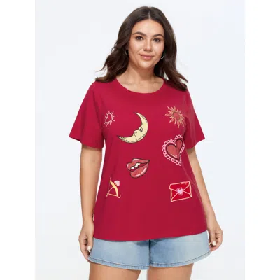 Bloomchic Cotton Romantic Print Round Neck T-shirt In Red