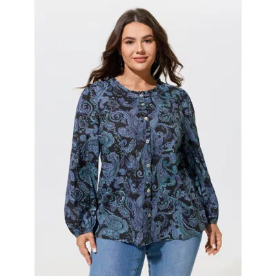 Bloomchic Cotton Ruffle Neck Paisley Print Button Front Blouse In Blue