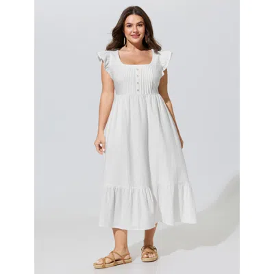 Bloomchic Cotton Ruffled Cap Sleeve Pleated Midi Dress In White