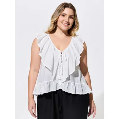 Bloomchic Cotton Ruffled Edges Tassel Plain Blouse In Blue