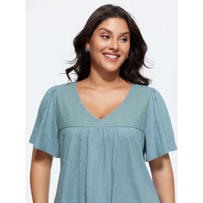 Bloomchic Cotton Ruffled Sleeve V-neck T-shirt In Blue