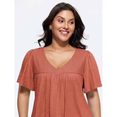 Bloomchic Cotton Ruffled Sleeve V-neck T-shirt In Russet