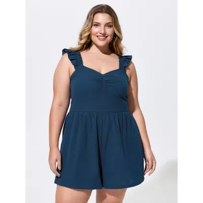 Bloomchic Cotton Ruffled Straps Sweetheart Neckline Romper In Blue