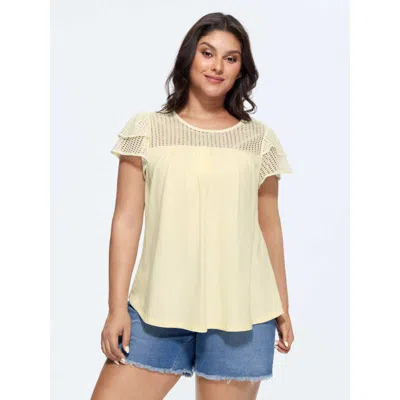 Bloomchic Cotton Sheer Hollowed-out Ruffled Sleeve Knit Top In Metallic