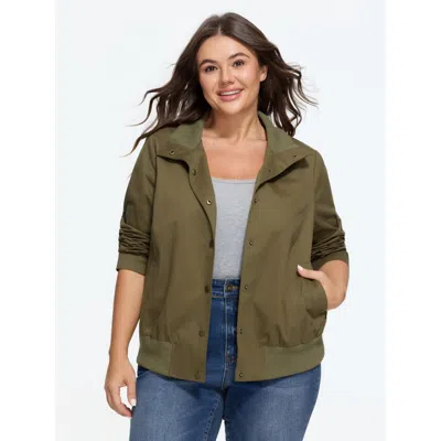 Bloomchic Cotton Snap Button Ribbed Hem Utility Jacket In Green