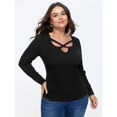 Bloomchic Cotton Solid Crisscross Cut Out Long Sleeve T-shirt In Black