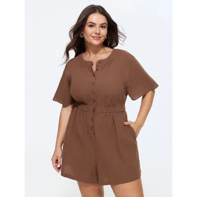 Bloomchic Cotton Split Neckline Pockets Romper In Yellowishbrown