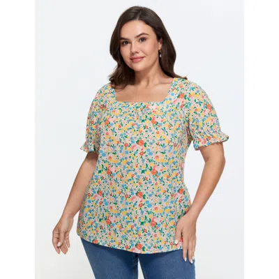 Bloomchic Cotton Square Neck Ruffled Sleeve Blouse In Multi