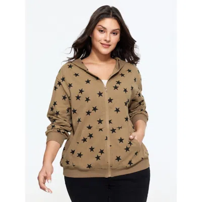 Bloomchic Cotton Star Print Pocket Casual Zip Hooded In Tan