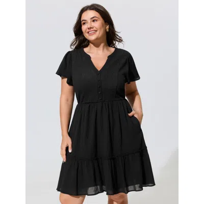 Bloomchic Cotton Stretchy Button Detail Tiered Mini Dress In Black