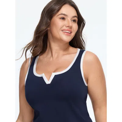 Bloomchic Cotton Stretchy Contrast Trim Notch Neck Tank Top In Blue