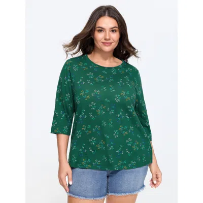 Bloomchic Cotton Stretchy Floral Print 3/4 Sleeve T-shirt In Emerald