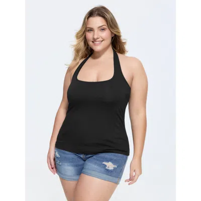 Bloomchic Cotton Stretchy Halter Neckline Fitted Tank Top In Black
