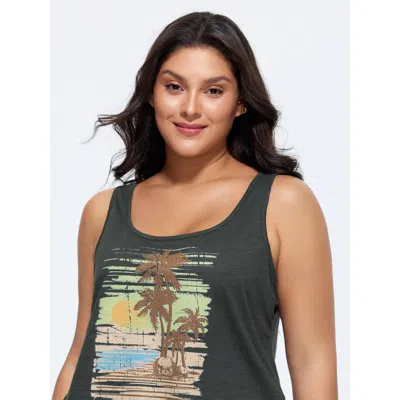 Bloomchic Cotton Stretchy Island Print Tank Top In Dimgray