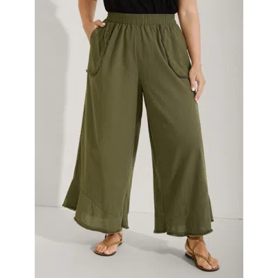 Bloomchic Cotton Stretchy Waist Frayed Hem Wide-leg Pants In Green